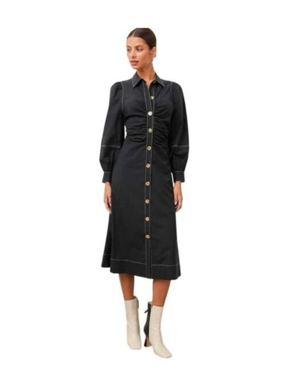 Rails Kimber Long Sleeve Ruched Button Up Midi Dress Black -L-